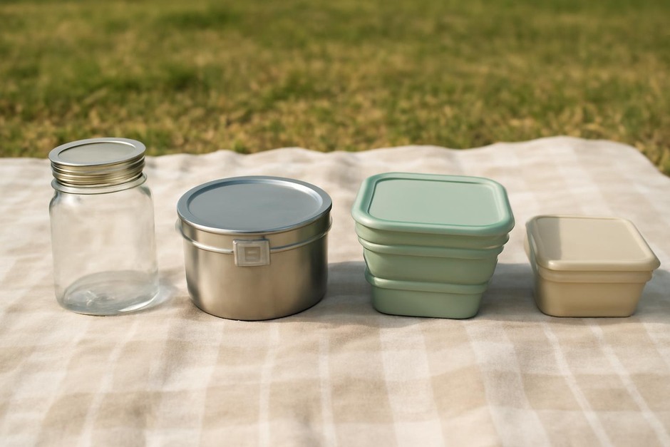 Four types of portable food containers laid out on a picnic blanket: glass jar, stainless steel tin, collapsible silicon