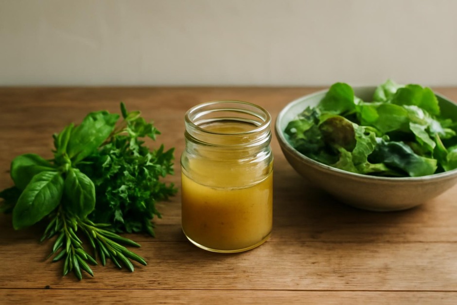 A small jar of vinaigrette beside a bunch of fresh herbs and a bowl of mixed greens