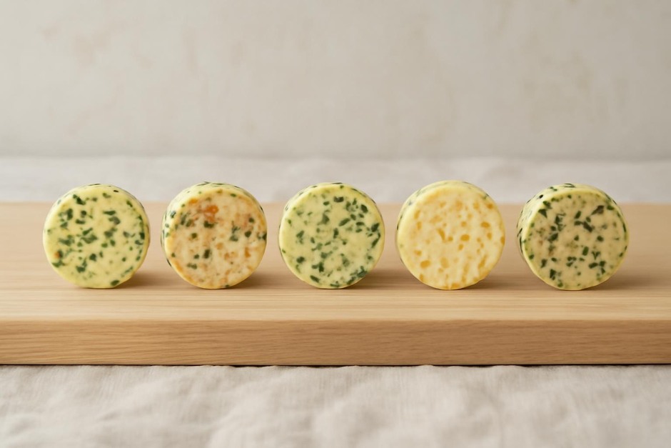 A row of small compound butter rounds flavored with herbs and citrus