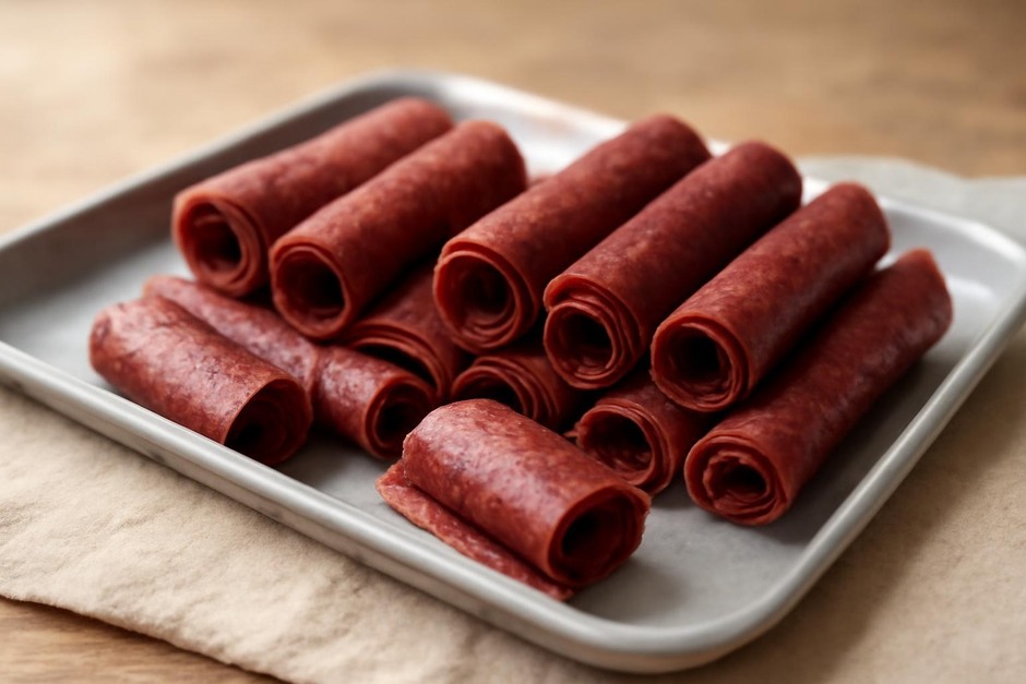Strips of homemade fruit leather rolled and stacked on a simple tray