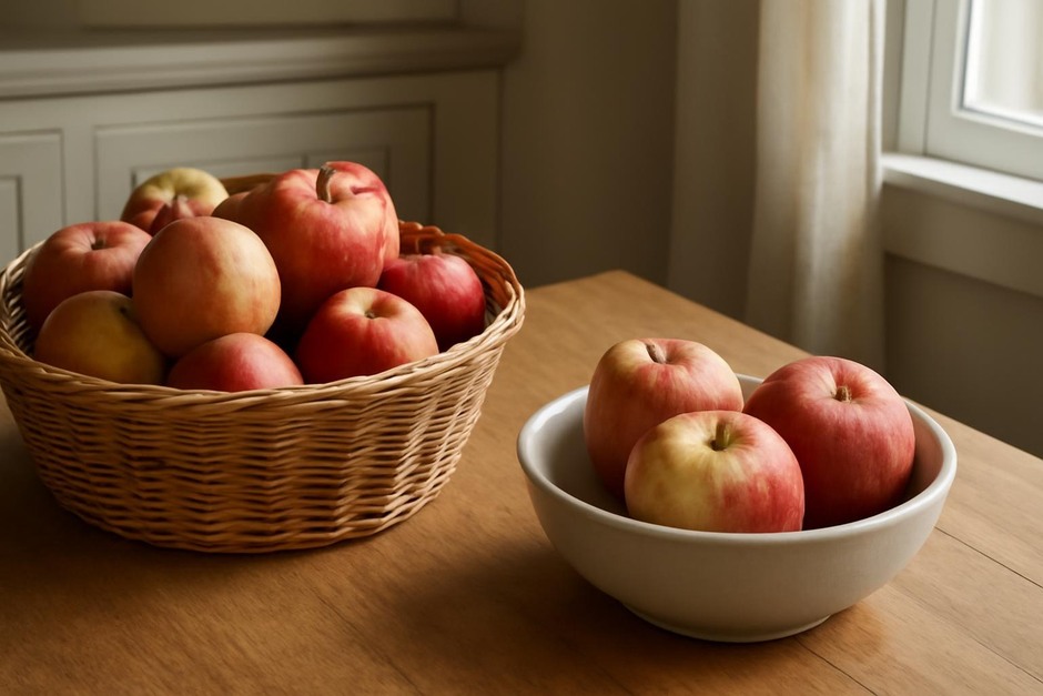 A basket of freshly picked apples beside a bowl on a kitchen table