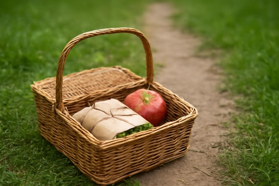Open wicker basket with wrapped sandwich and apple on a grassy path