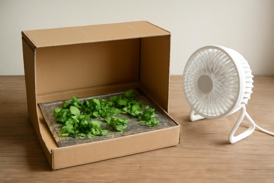 A small cardboard box set up with a mesh rack of herbs and a low-speed fan blowing across them