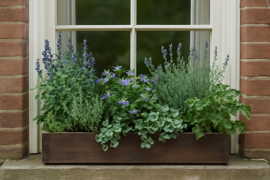 Windowbox planted with mixed perennials and herbs