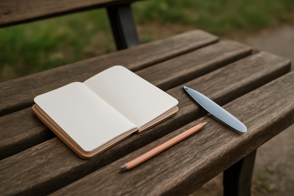 A small notebook, pencil, and water brush on a park bench