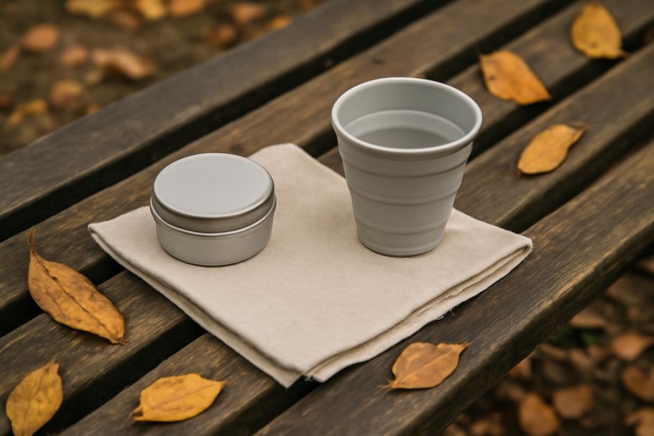 A small travel tin, foldable cup, and cloth on a park bench with leaves