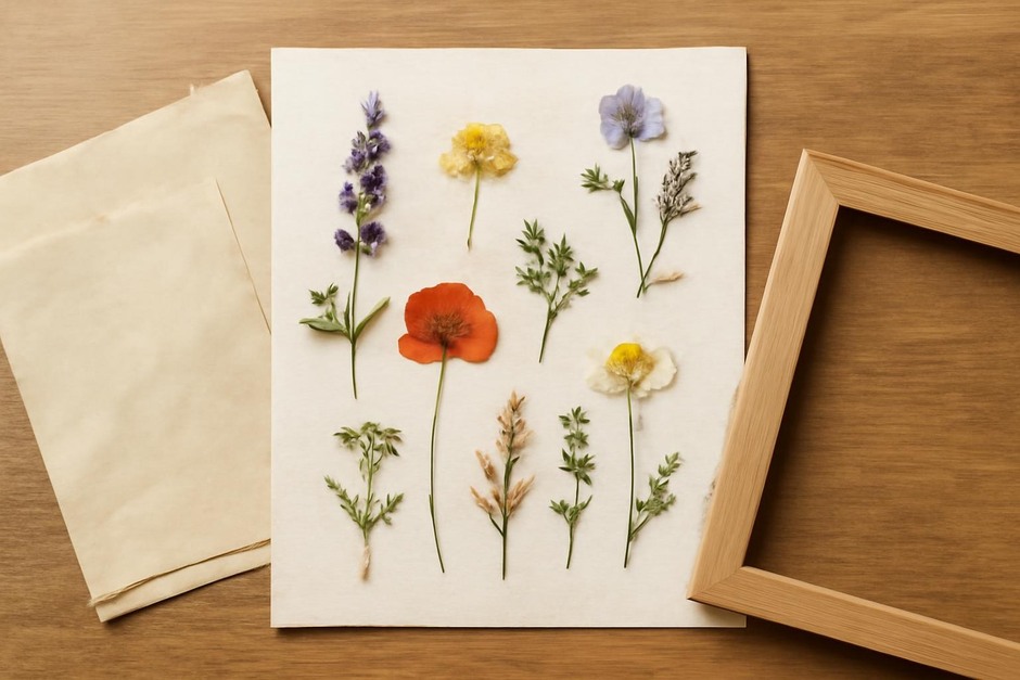 Assortment of pressed wildflowers arranged on paper for framing