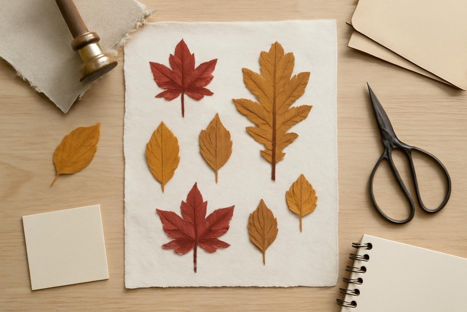 Pressed autumn leaves arranged on paper