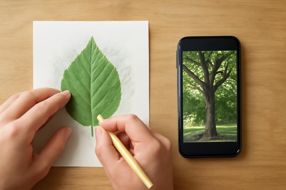 Handmaking a leaf rubbing next to a smartphone with a photo of a tree on screen