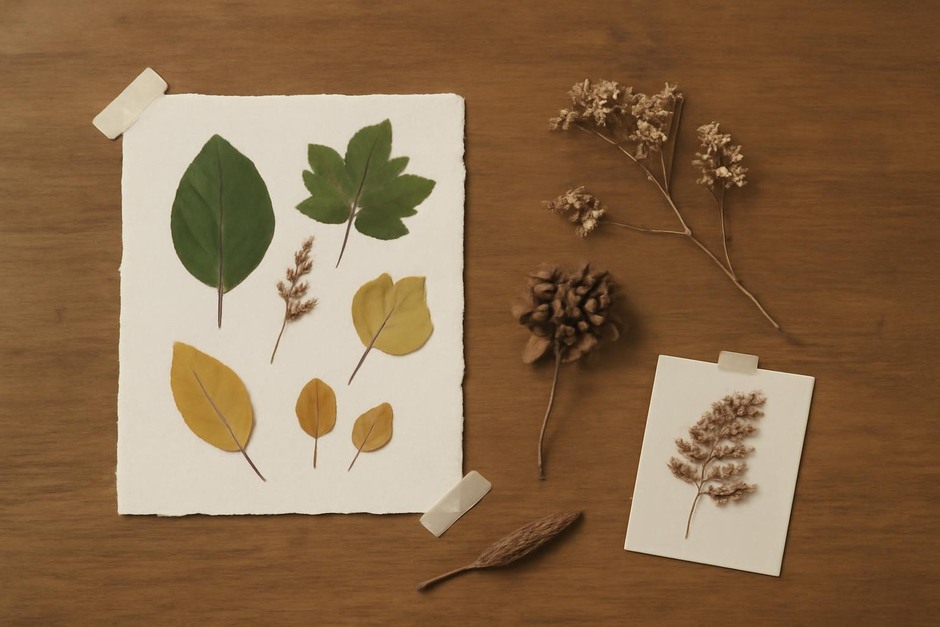 Small collection of pressed leaves, seed pods and dried flowers on a wooden table