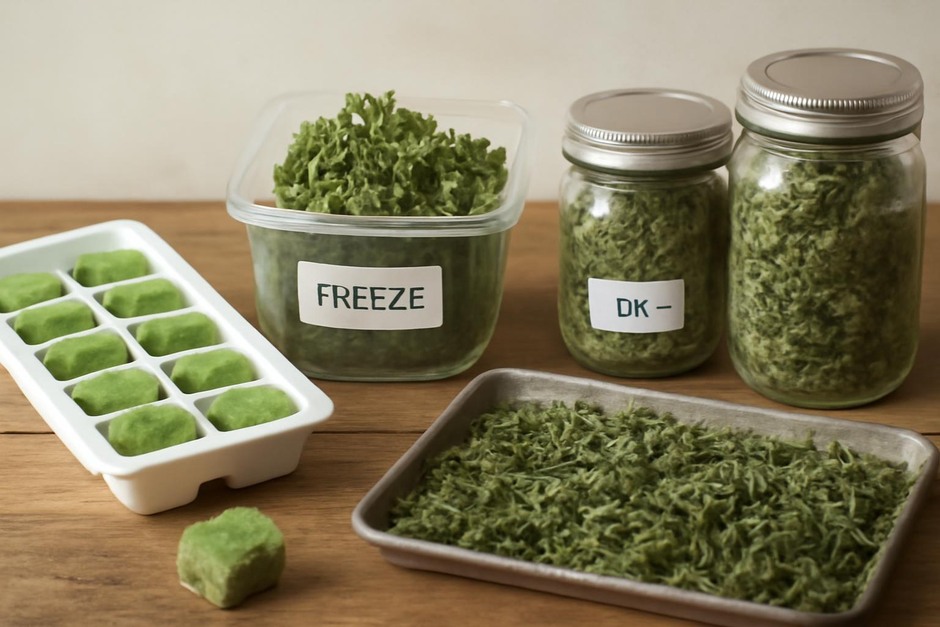 Jars of dried herbs beside trays of frozen herb cubes and labeled containers